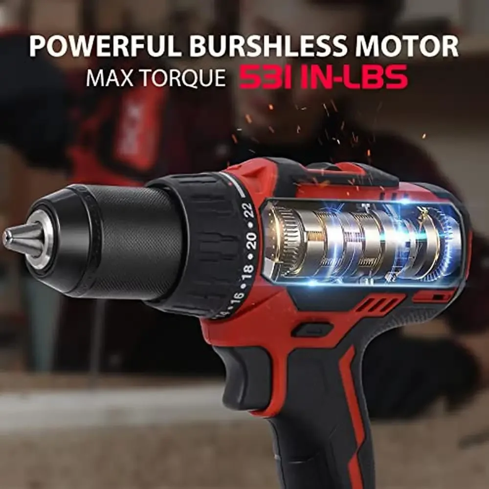 Cordless Brushless Drill Set 20V Max 4.0Ah Battery 531in.lbs Torque 1/2Inch Keyless Metal Chuck 2 Speeds LED Light Belt Hook