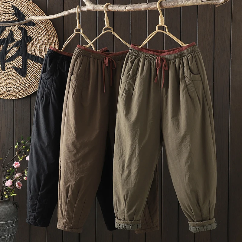 Vintage Literary Patchwork Women Trousers 2024 New Winter Elastic Waist Cotton-Padded Harem Pants Casual Loose Outwear Trousers