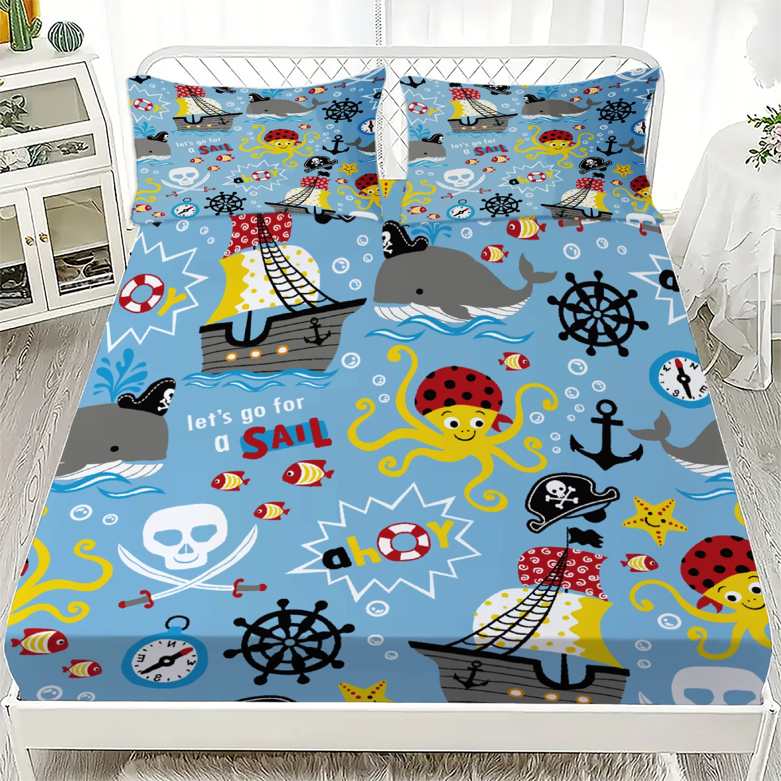 

Комплект из 3 предметов: игривая простыня для детей в мультяшном стиле с принтом пиратского корабля, осьминога, кита и якоря, с наволочками