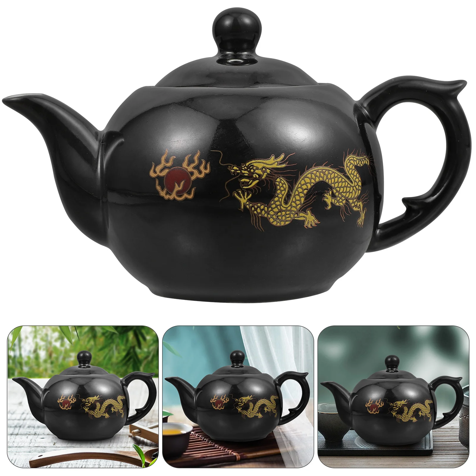 

Creative Ceramic Teapot Black Kung Fu Tea Pot and Practical Home Tea Kettle Dragon Pattern Teapot