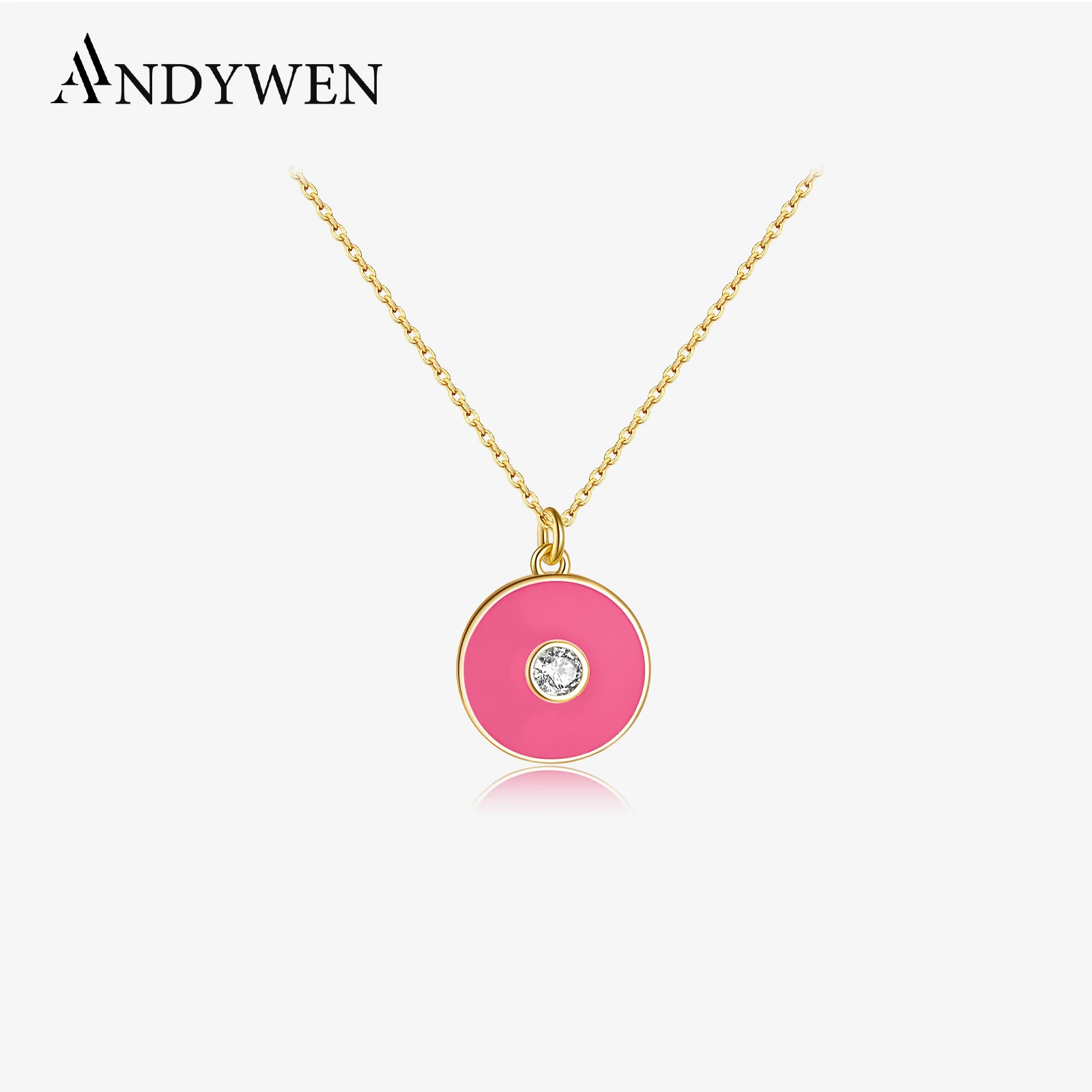 ANDYWEN New 925 Sterling Silver Gold Rose Red Enamel Coins Pendant Crystal Rock Punk 2021 Luxury Jewels Evil Eyes Jewelry