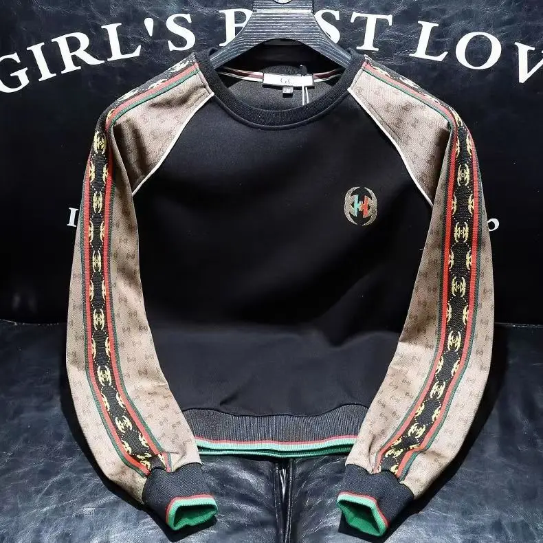 

Autumn and winter new high-end splicing striped men's long-sleeved t-shirt trendy fashion slim-fitting crew neck men's sweater