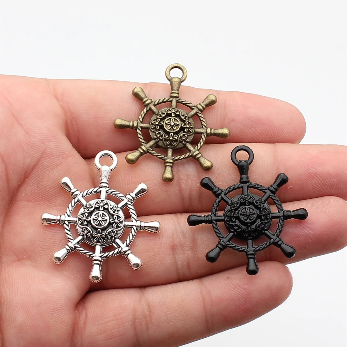 WYSIWYG 4pcs 40x35mm 3 Colors Antique Bronze Color Antique Silver Color Black Color Rudder Charms For DIY Jewelry Making