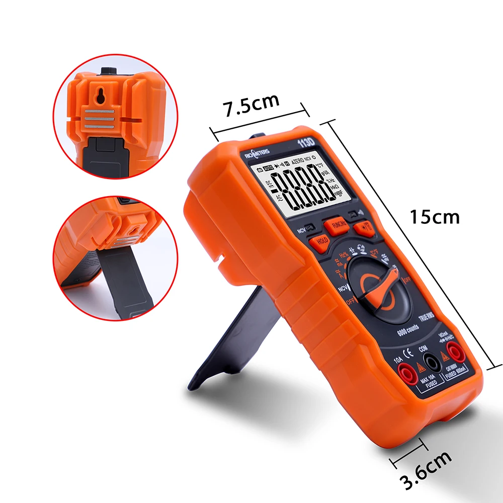 Richmeter RM113D NCV Multimeter Digital, 6000 hitungan pengukuran jarak otomatis AC/DC voltase Meter lampu belakang lampu besar