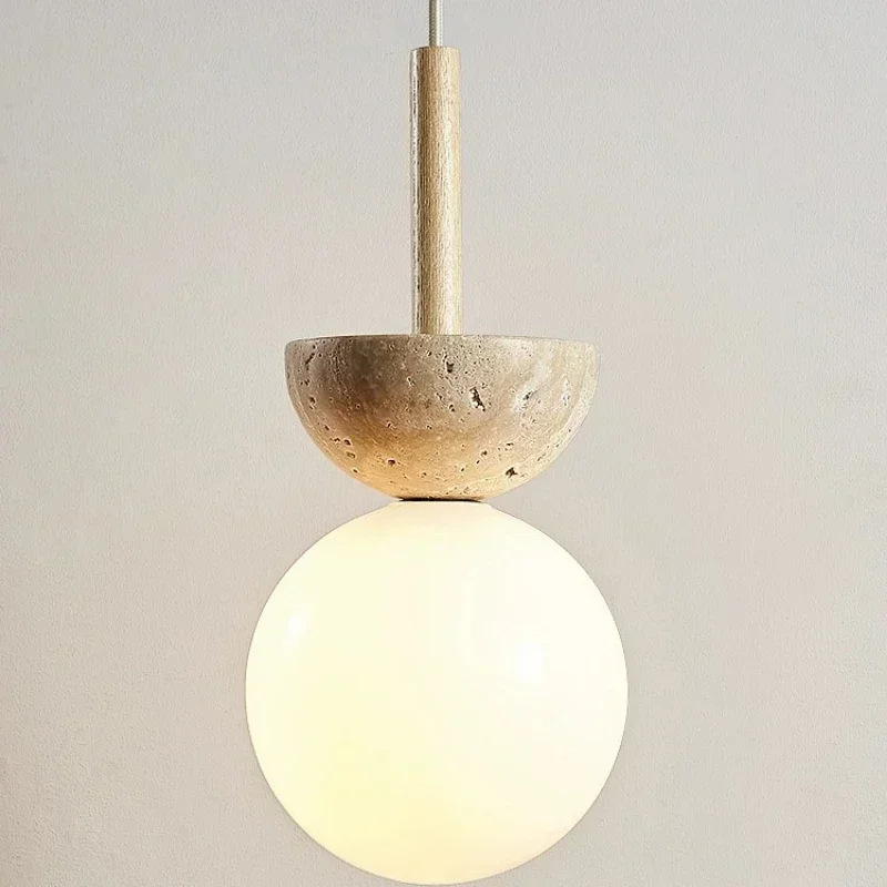 

Wabi-sabi Style Yellow Travertine Pendant Lamp for Bedroom Bedside Led Chandelier Natural Stone Wood Light Bar Small Lights