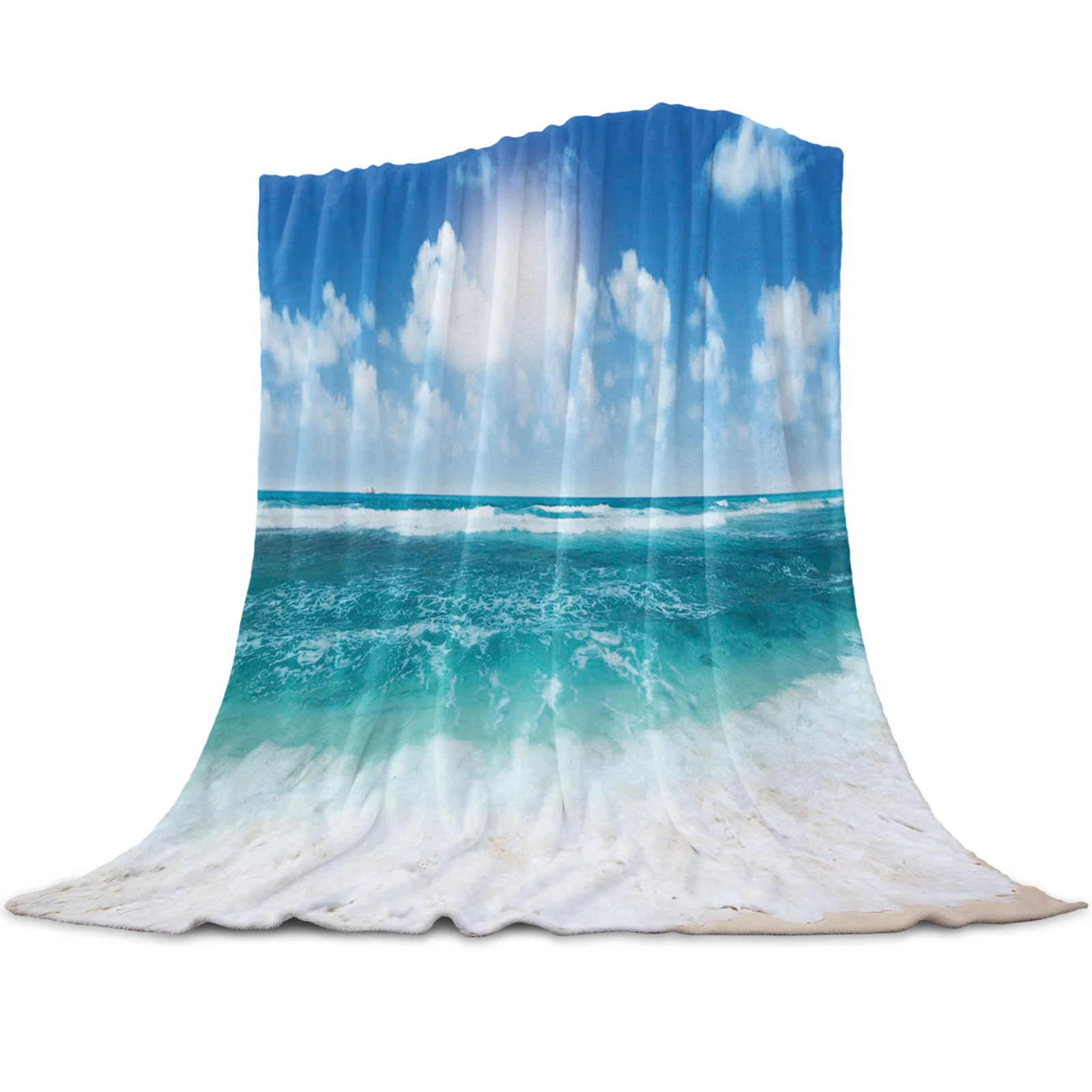 Sunshine Beach Sea Wave Printed Throw Blanket Flannel Fleece Blankets Warm Soft Throws for Sofa Couch Bed Bedroom Bedspread