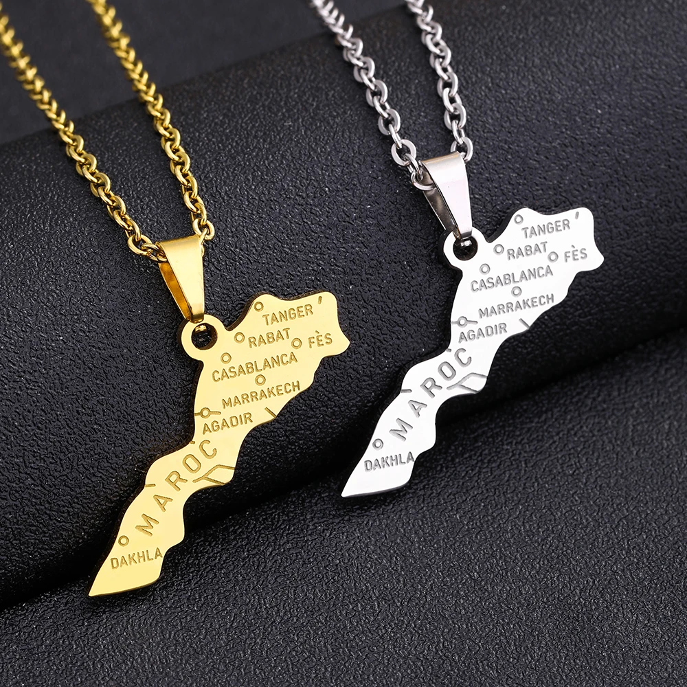 Morocco Map With City Pendant Necklace Stainless Steel For Women Girls Gold Silver Color Charm Fashion Female Choker Jewelry