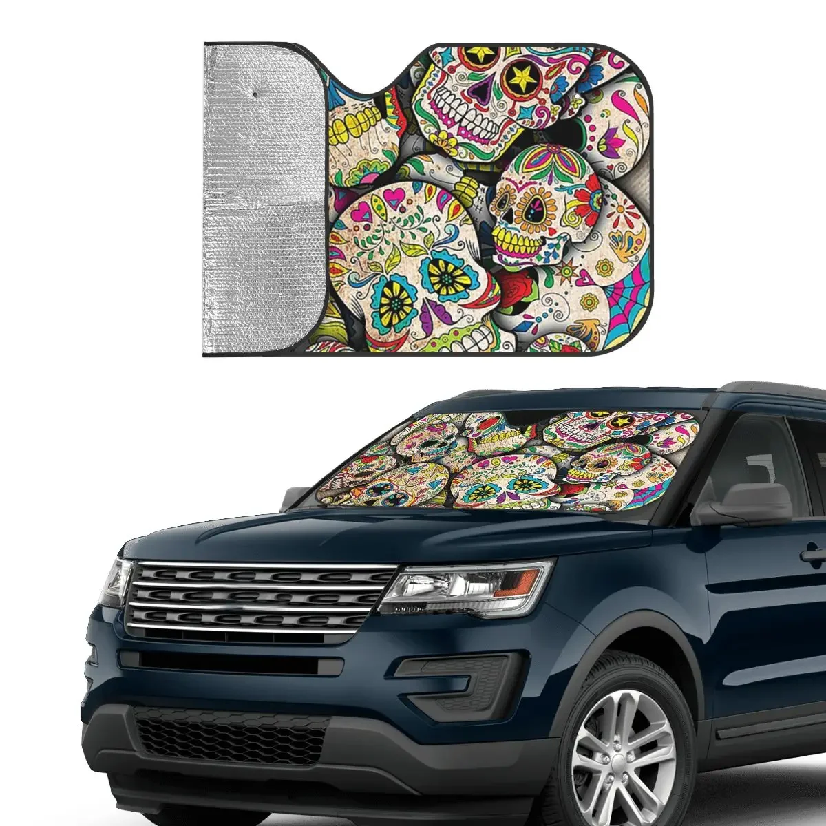 Sugar Skull Collage Cute Sunshade Windscreen 76x140cm Ethnic Carnival Folkloric Aluminium Foil Car Sunshade Accessories Covers