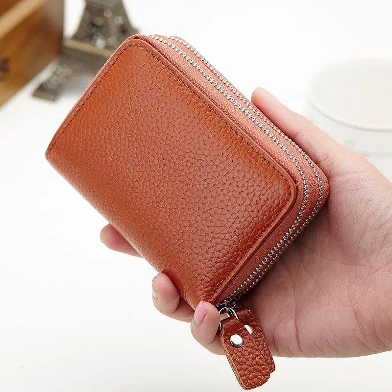Genuine Leather Women Credit Card Holder Wallet Cowhide Leather Cardholder Men Card Purses with Zipper Coin Pocket