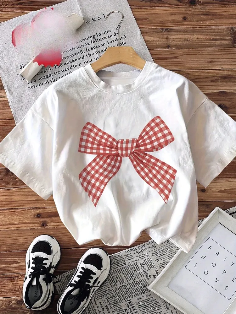 Checkered Bow Pattern Printed Women's Casual Short-sleeved Round Neck T-shirt Comfortable Regular Fit Everyday Wear