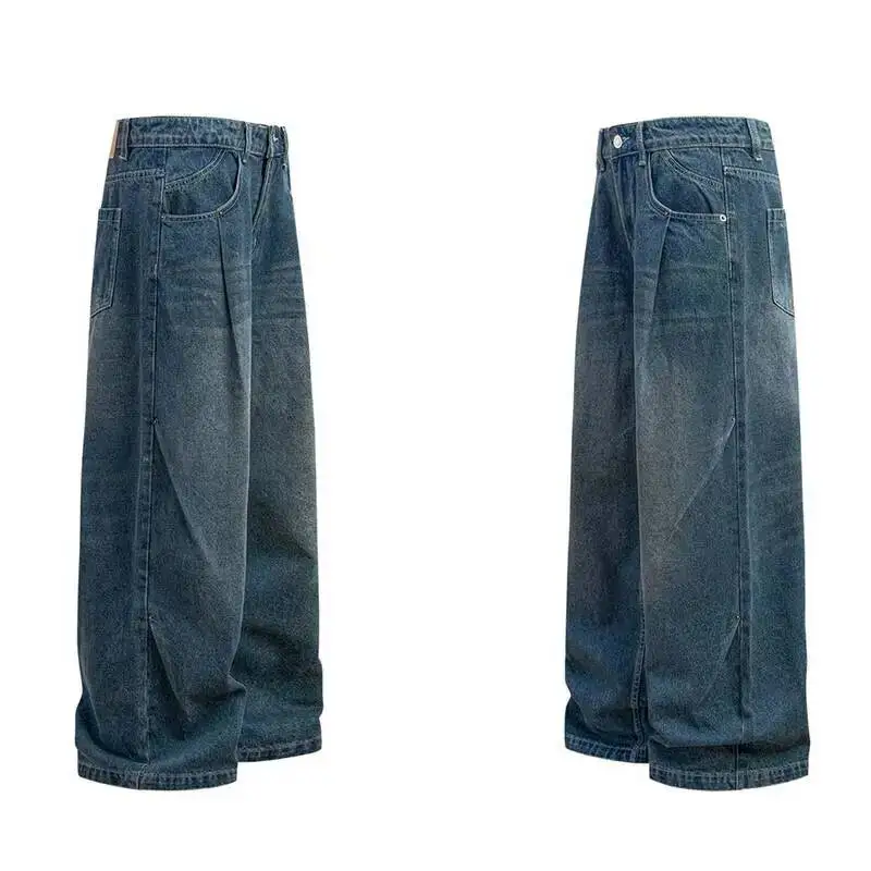 American Washed Distressed Double Pleated Men's Jeans Trendy Loose Baggy Wide Leg Floor Length Casual Trousers 9WIY9E