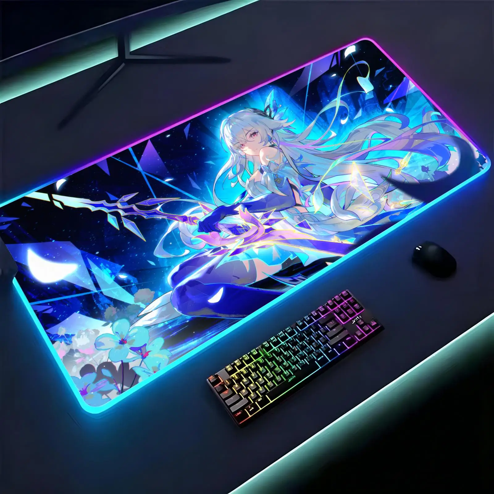 Large RGB backlit esports gaming mouse pad, Genshin Impact Skirk smooth soft cloth surface, LED luminous extended desk mat
