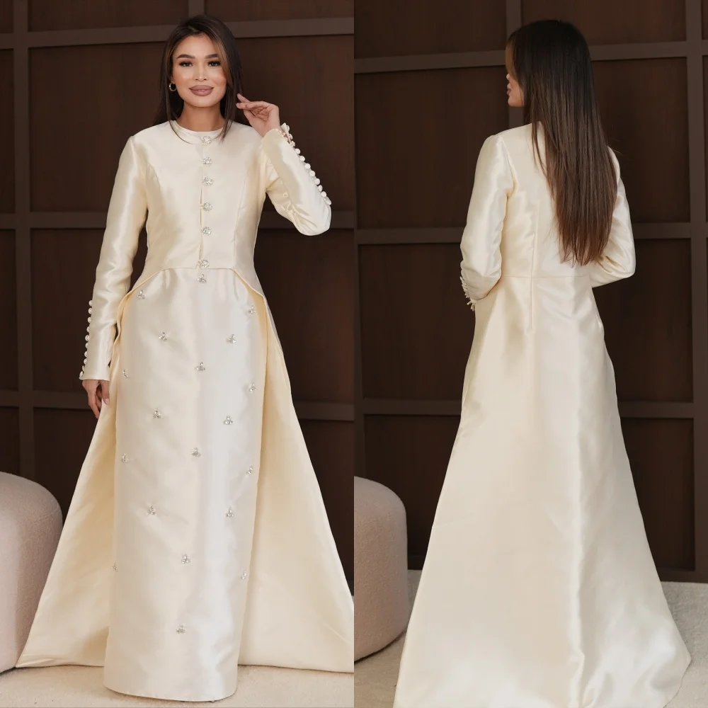 Personalizado elegante formal charmeuse strass botão em linha reta colher pescoço vestidos longos sob medida vestidos de ocasião tamanhos disponíveis