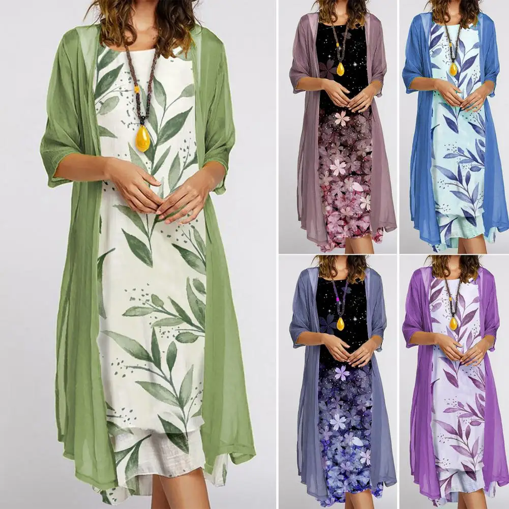 1 Set Office Lady Cardigan Dress  Stylish Temperament Round Neck Dress Set  Summer Coat Dress