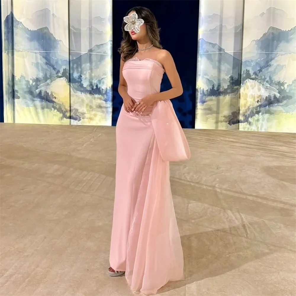

Pink Strapless Party Long Bespoke Occasion Gown Evening Dresses Pastrol Unisex Jersey Retro Dubai Saudi Arabic Prom Customized