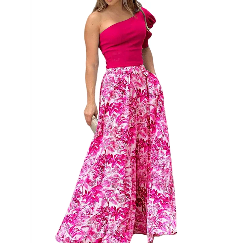 

FX-2 Piece Outfits For Women One Shoulder Short Top Floral Long Wide Leg Pants Palazzo Sets