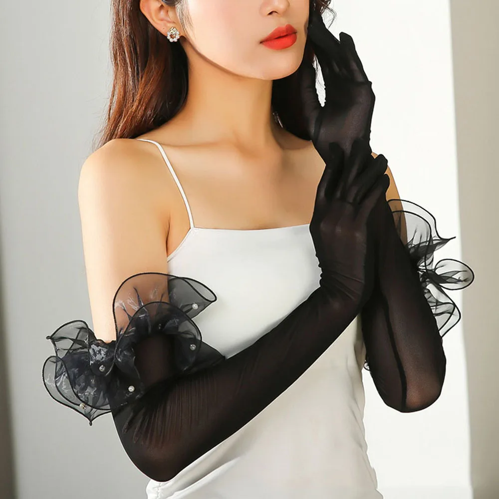 

Silk Lace Perspective Wedding Dress Etiquette Gloves Black White Women Sunscreen Sleeves Summer Outdoor Driving Long Mittens