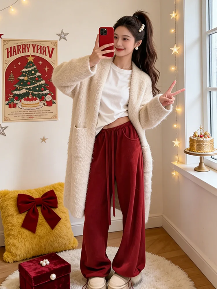 

Красные повседневные спортивные брюки для женщин с высокой талией, широкими штанинами, свободного кроя, стройнящие, осенне-зимние, новые, прямые брюки