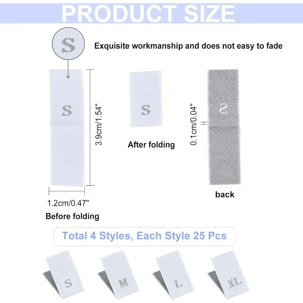 100 Pcs Woven Clothing Size Labels S/M/L/XL Polyester Sewing Labels Crafting Embroidered Label Size Labels Tags for Sew