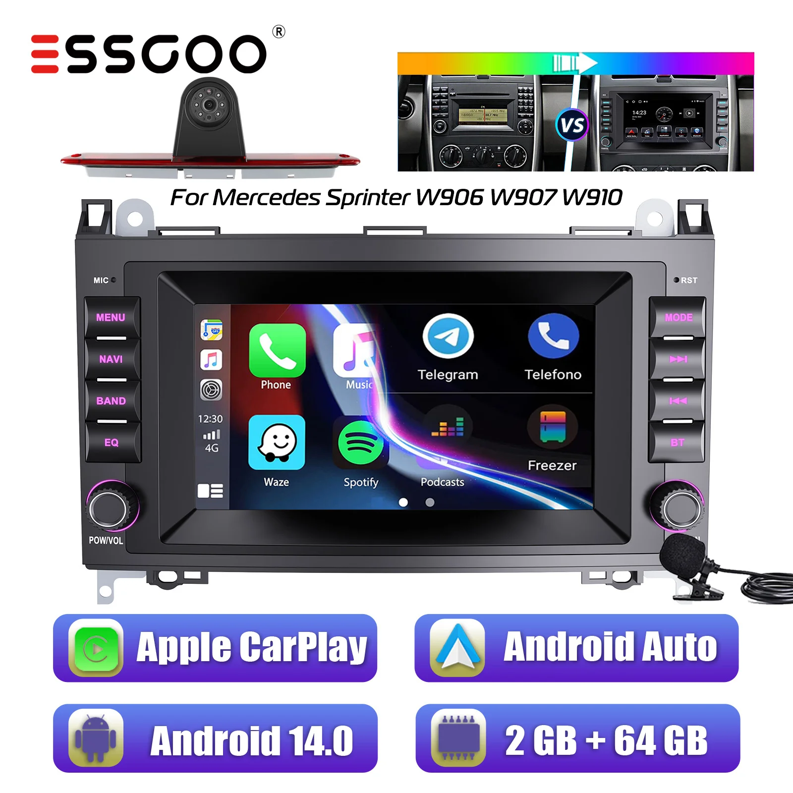 ESSGOO Carplay Autoradio Android 14 + Rückfahrkamera mit Bremslicht für Mercedes-Benz Sprinter W906