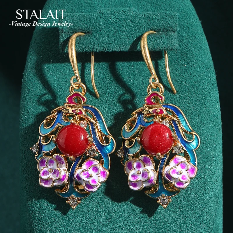 

Vintage Flower Earrings Dangle Hook Jewelry Enamel Palace Colored Red Natural Stone Luxury Brand Designer Antique Gold Color