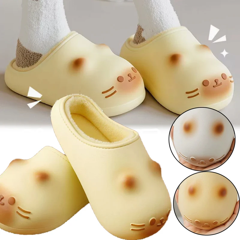 

Плюшевые хлопковые тапочки с изображением кота, непромокаемые уличные домашние теплые осенне-зимние туфли с закрытым носком, женские теплые тапочки