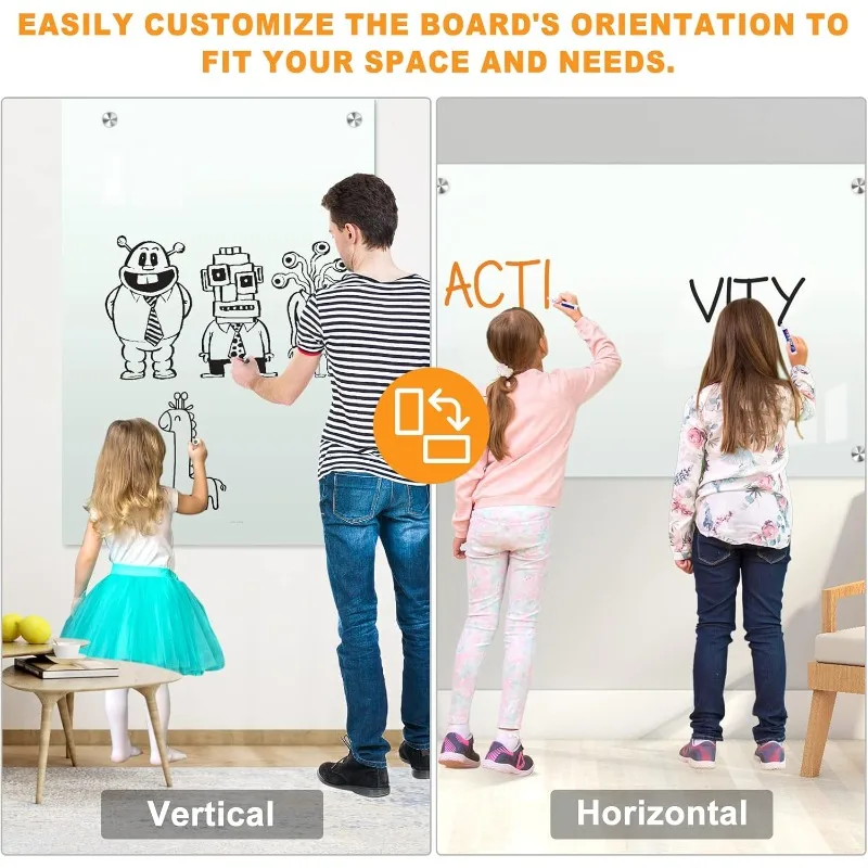 لوح أبيض للمسح الجاف للجدار مقاس 72 بوصة × 40 بوصة حامل سبورة بيضاء بدون إطار من الزجاج المغناطيسي للوازم المدرسية المنزلية أو المكتب المنزلي