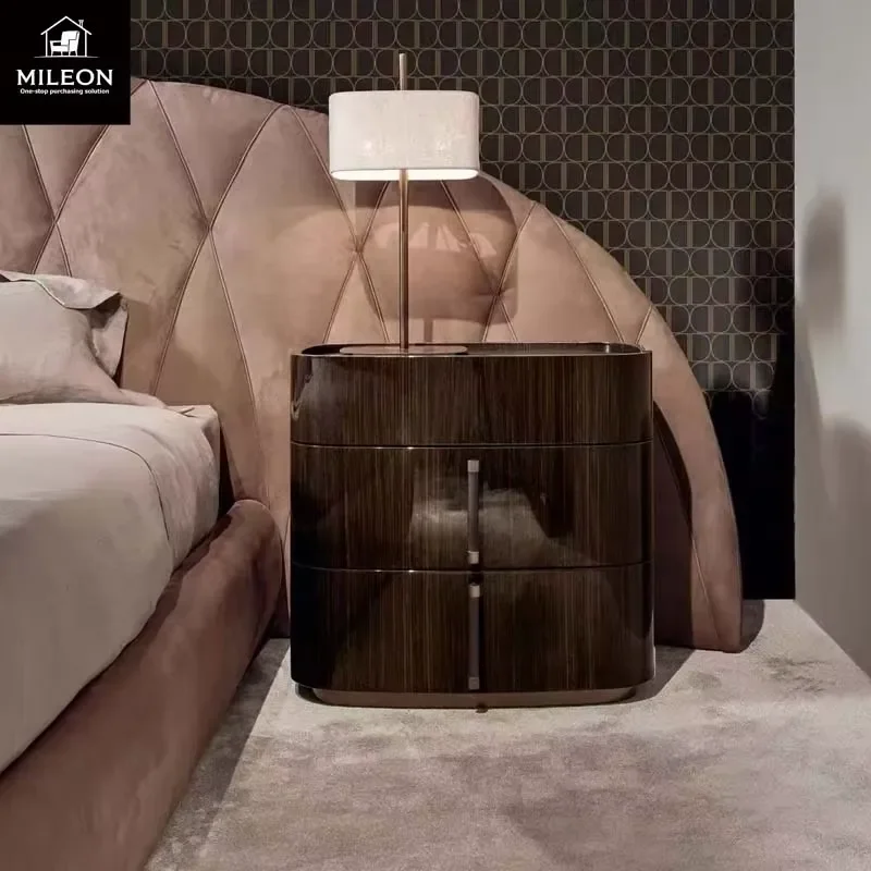 Modern Curved High Gloss Wood Nightstand Brass Hardware 3 Drawer Bedroom Bedside Storage Cabinet