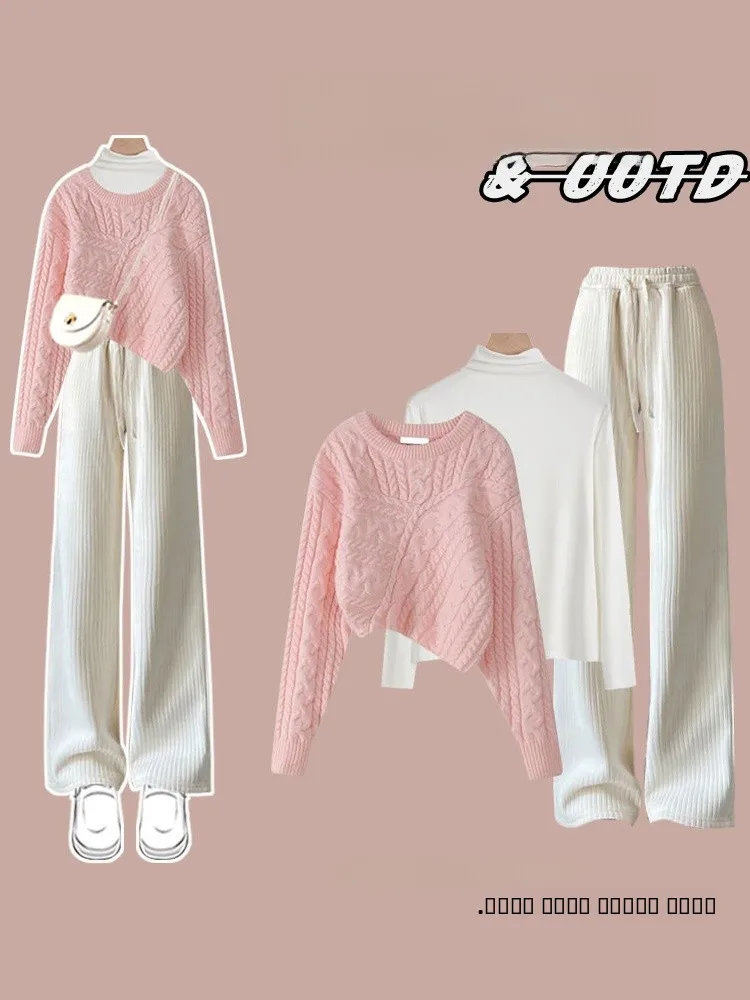 Women's Knitted Sweater Set Slim Fit Base Layer Casual Pants Tee Piece Set Autumn Faion Trendy Salt Series Clothing