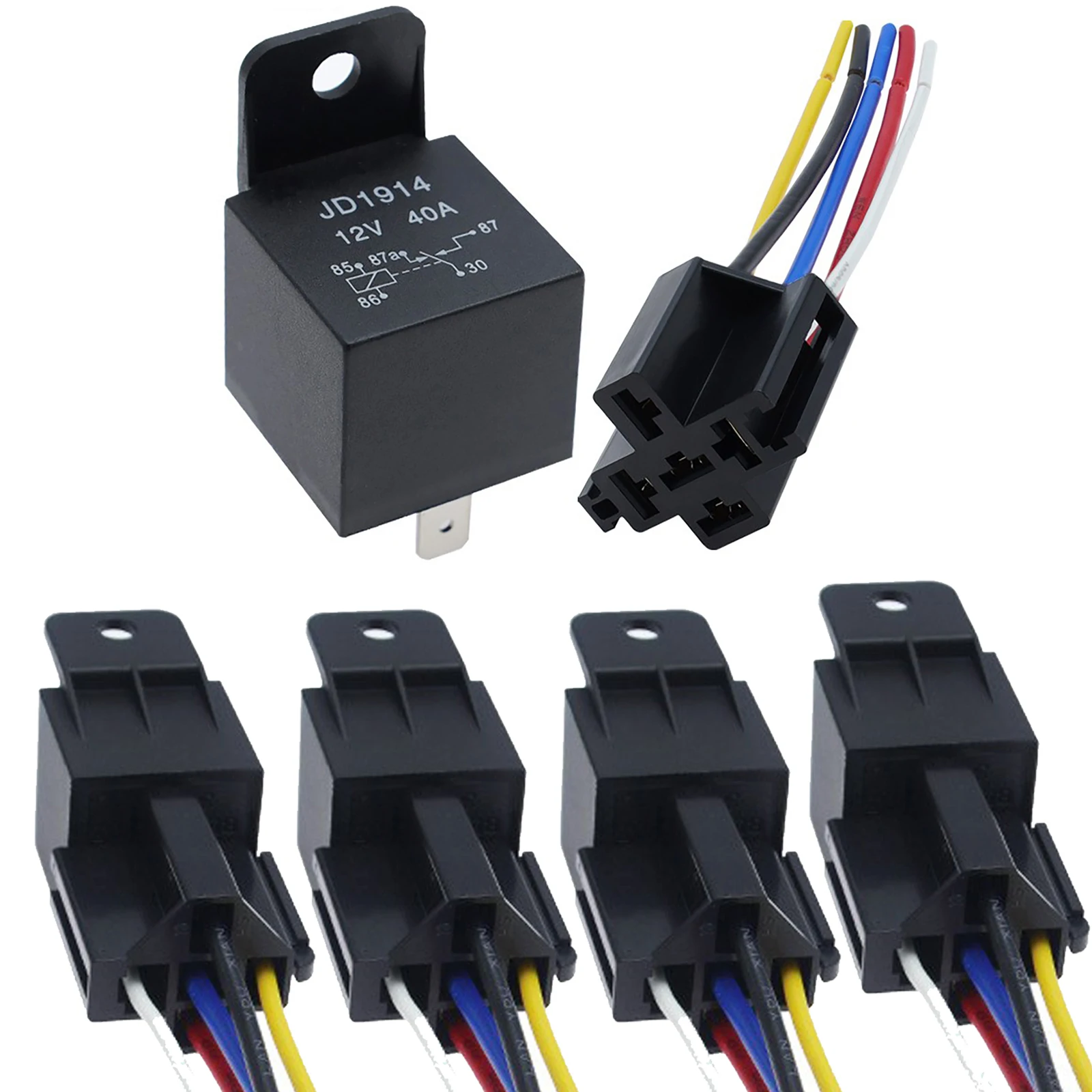 5Pcs Automotive Relay 12V or 24V 5Pin 40A Car Relay with Black Red Copper Terminal Auto Relay Socket SPDT Harness Cable