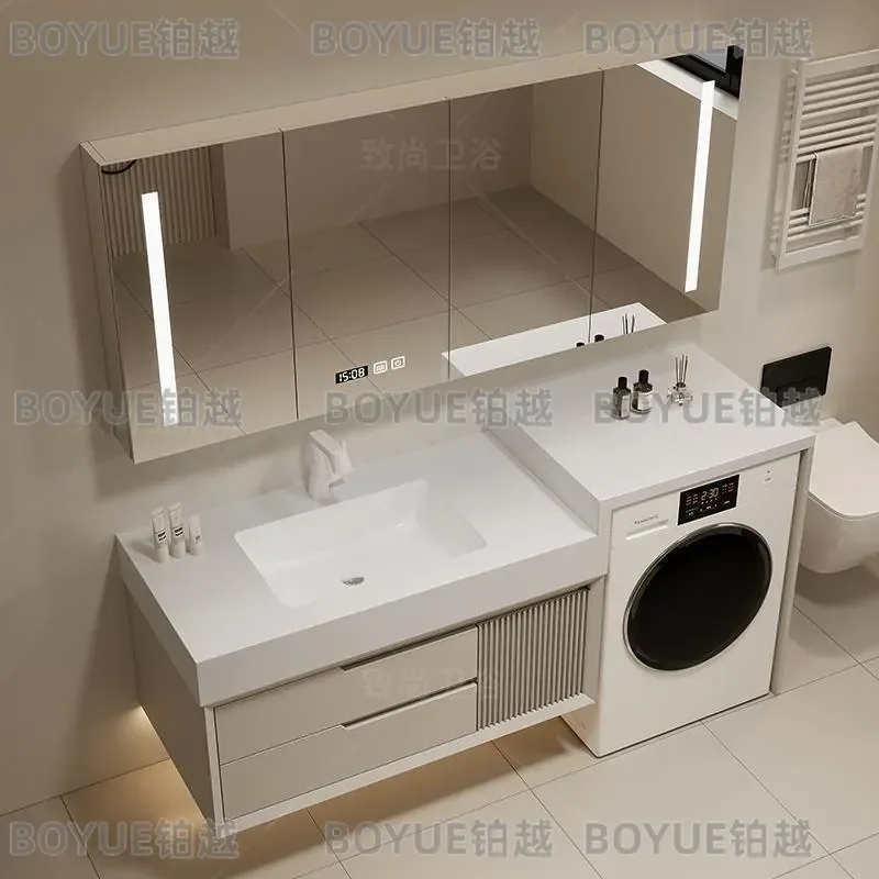 for Oak Bathroom Cabinet Washing Machine Integrated Cabinet Combined Washbasin Rock Slab Seamless Ceramic Basin Hot Curved