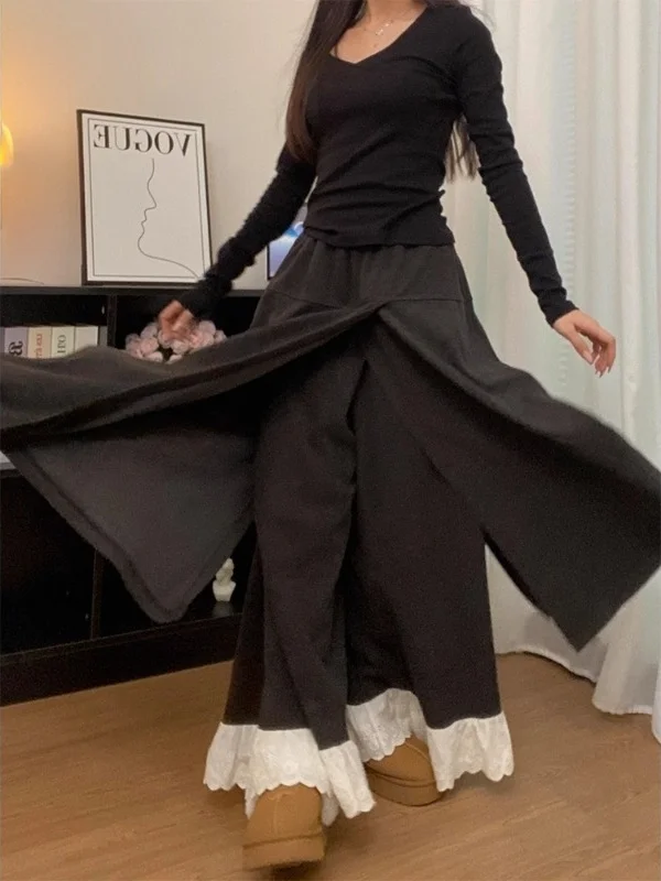 

Женские повседневные брюки-палаццо с кружевными вставками, длинные, А-силуэт, с высокой талией, в корейском стиле, больших размеров