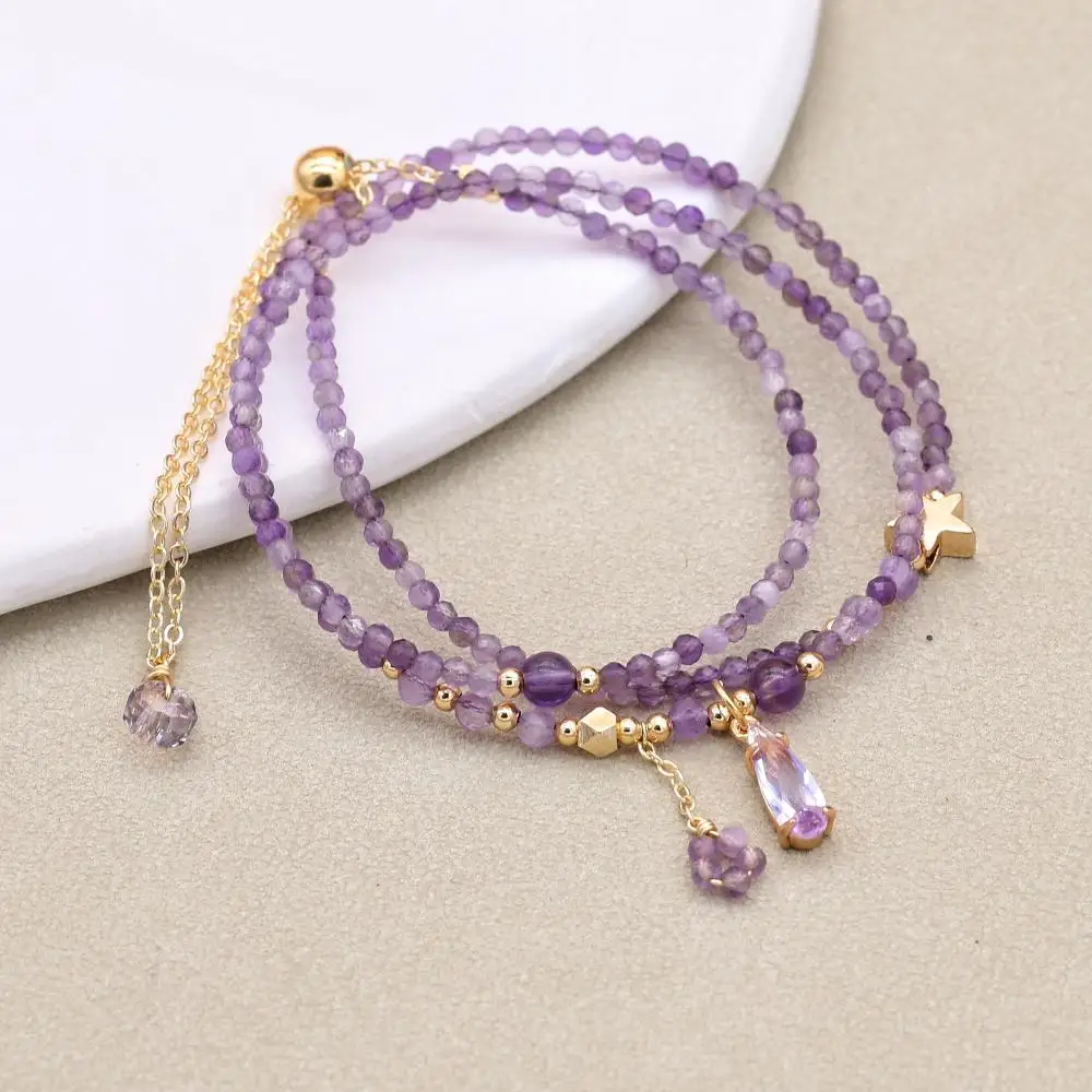 Elegant Necklace Bracelet Dual-purpose 2MM Purple Crystal Three Layer Beads Bohemian Charm Bracelet Handmade Women Jewelry