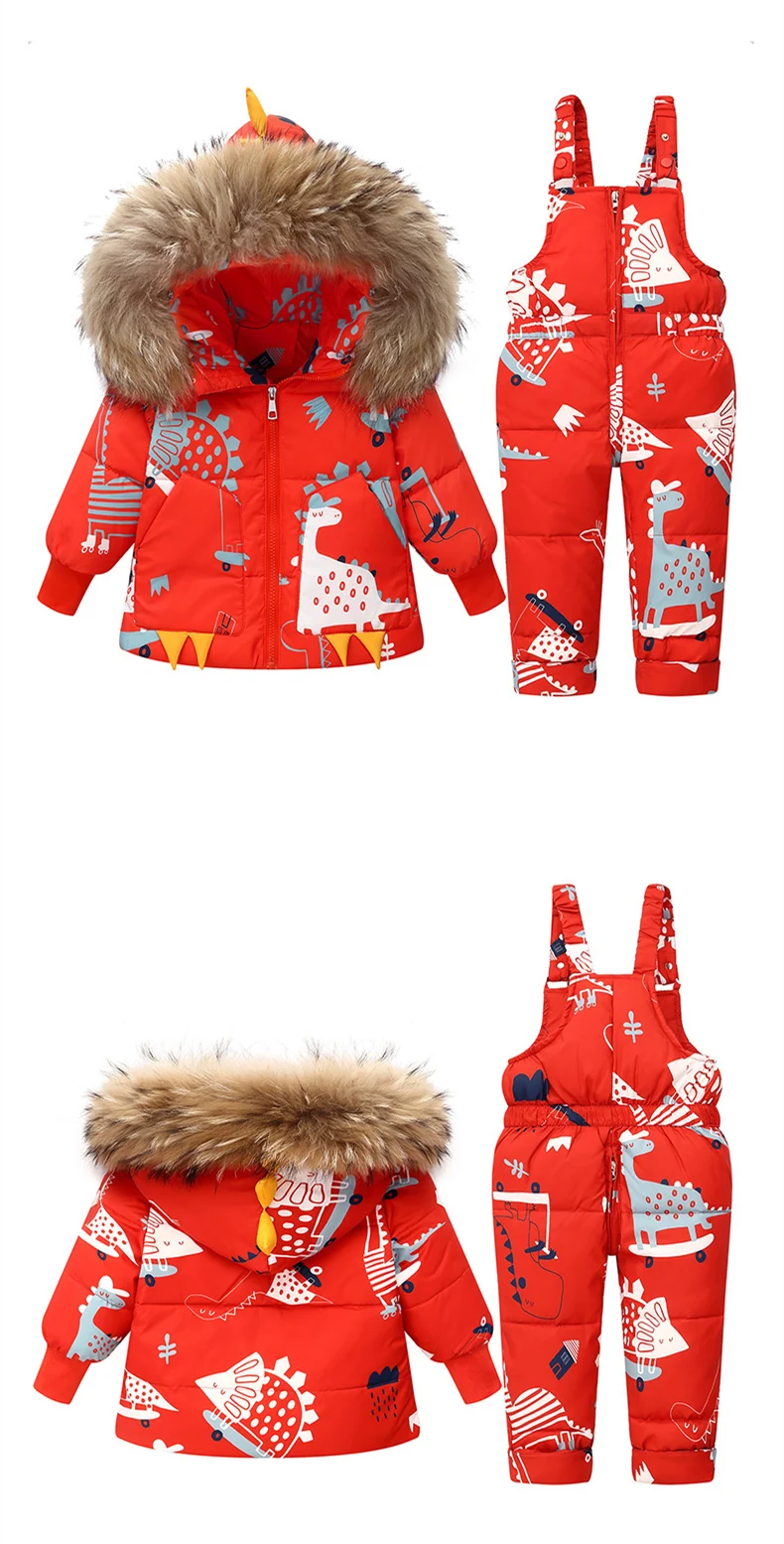 Children Winter Warm Down Jacket Parka Boy Baby Overalls Toddler Girl Clothes Kids Dinosaur Clothing Set Hooded Coat Snowsuit