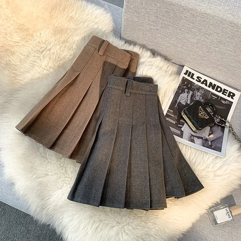 High Waist Faux Fur Pleated Skirts Women Y2K Fall Winter Thick Solid Mini Skirts Ladies Sweet Preppy All-Match A Line Skirts New