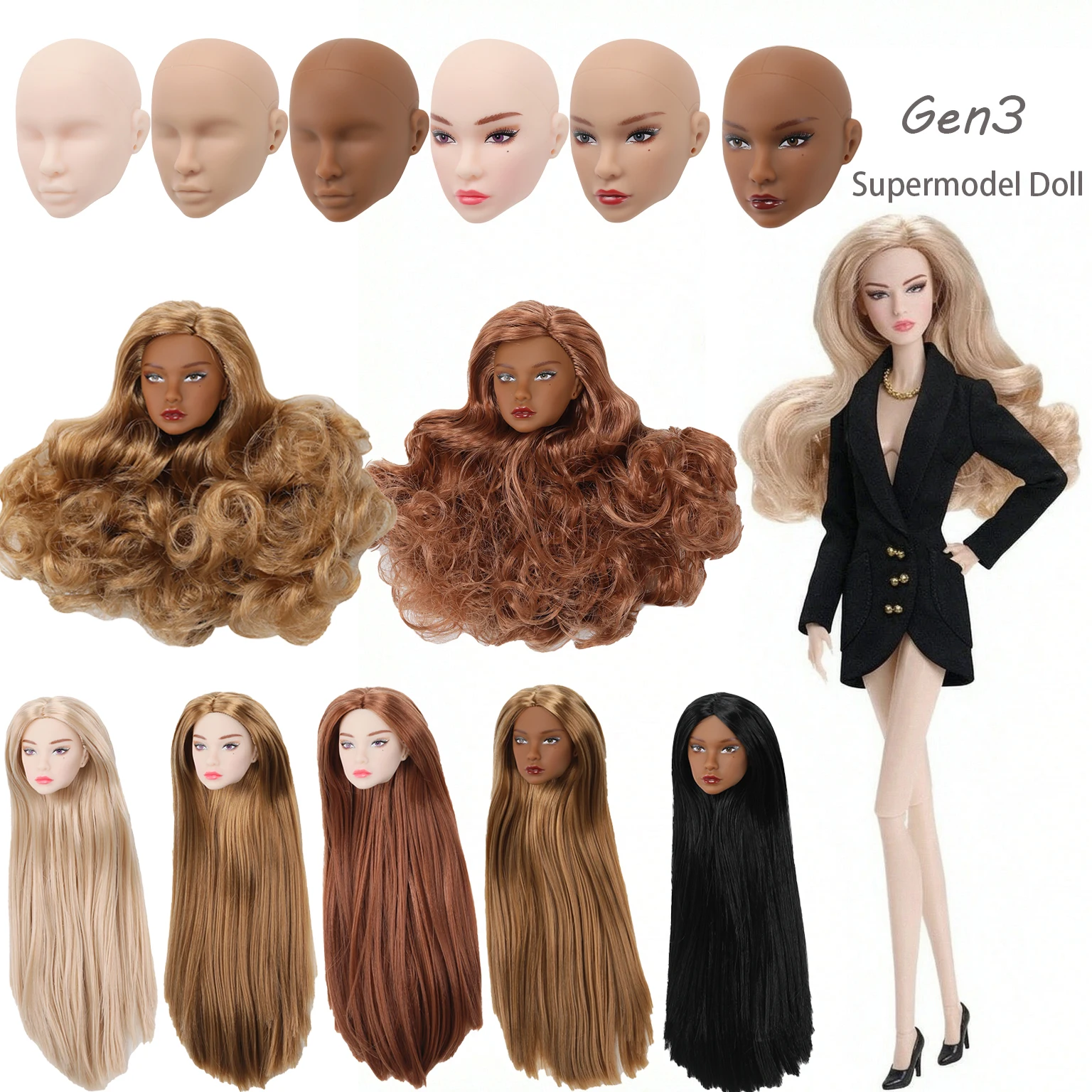 1/6 Supermodel Doll Gen3 Head Parts Elegant Make-up Fashion Hand-painted Make-up Practice Nylon Hair For 30cm BJD Doll Head+Body