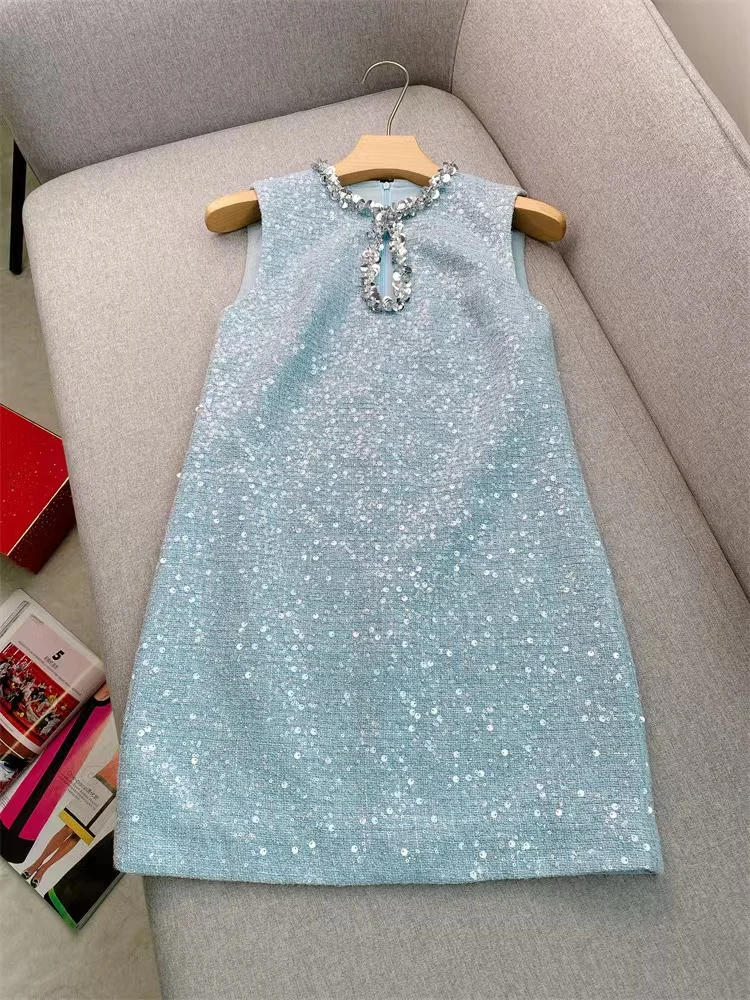 Spring Autumn New Fashion Blue Sequins Decoration Tank Dress Women Elegant Round Neck Hollow Out Sleeveless Beading Mini Dress