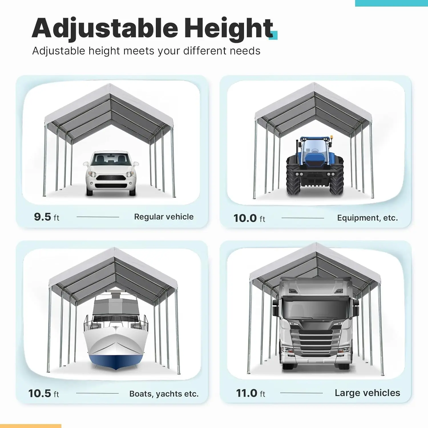 10 x 20 Fuß robuster Carport, trinkbarer Autoüberdachung, Garage, Partyzelt, Bootsunterkunft, höhenverstellbar von 9,5 Fuß bis 11 Fuß, Grau