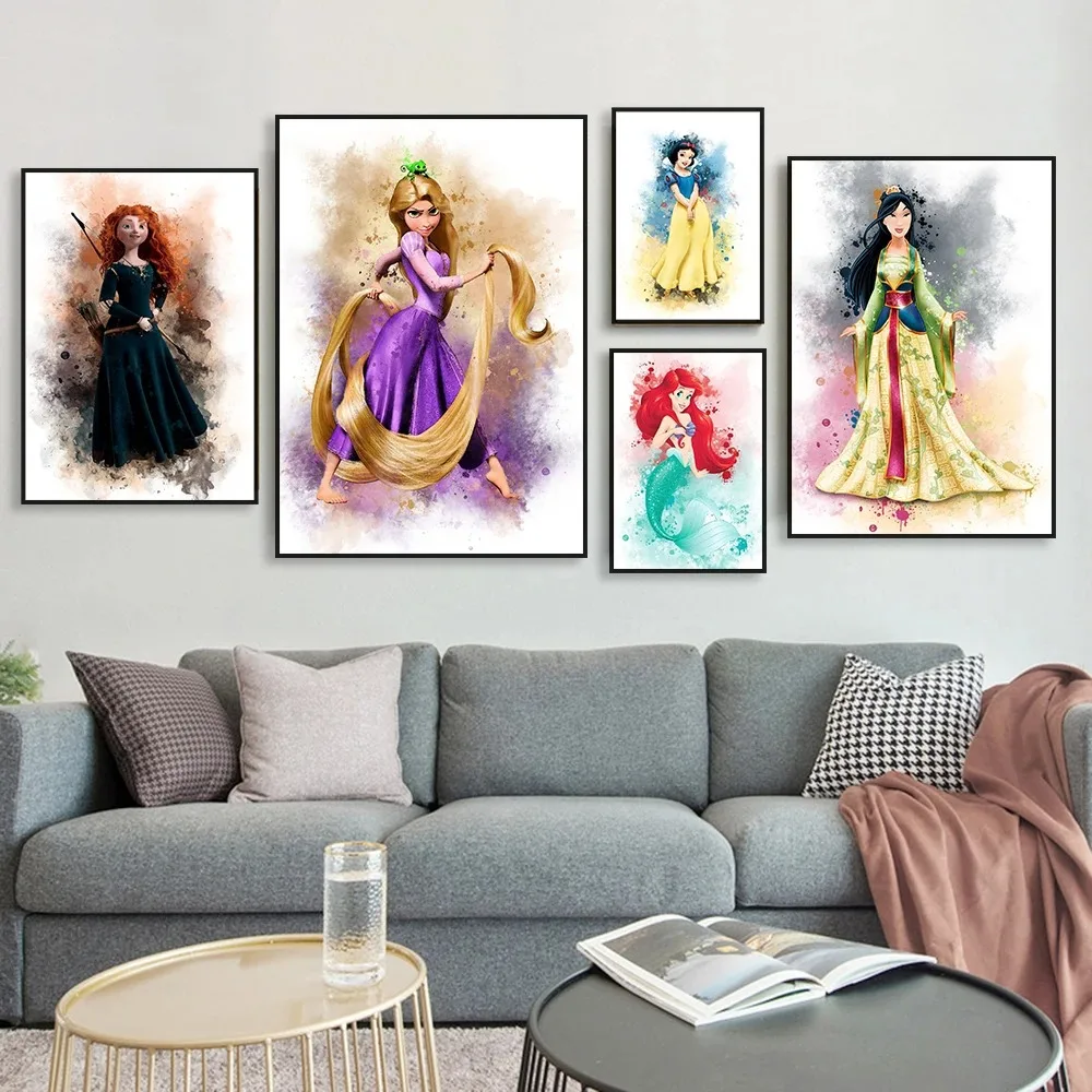 Princess Watercolour Prints Disney Princess Poster Cartoon Wall Decor Little Mermaid Princess Moana Rapunzel Canvas Painting