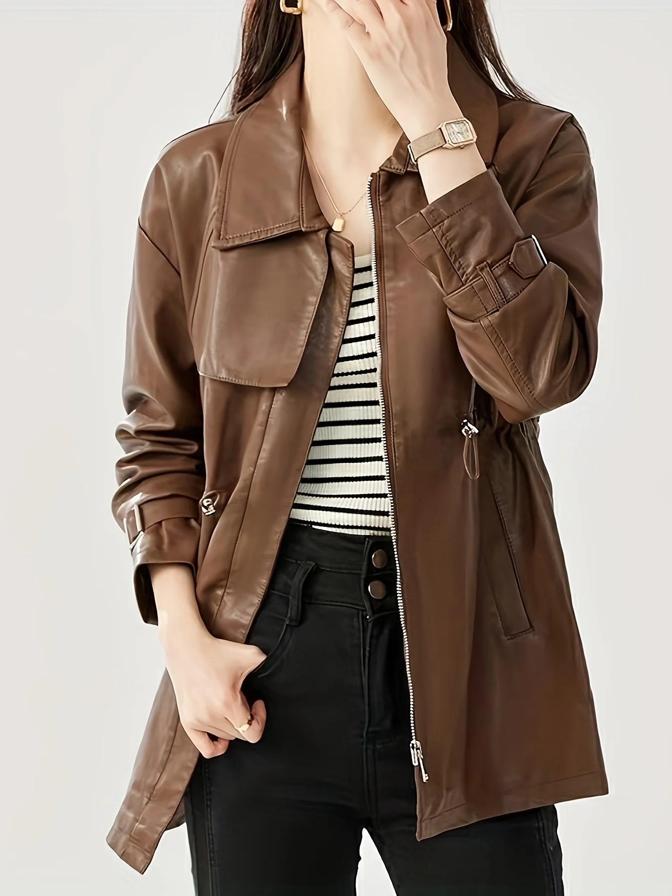 

Women's Spring and Autumn Mid-Length Drawstring Waist Pu Leather Windbreaker Jacket