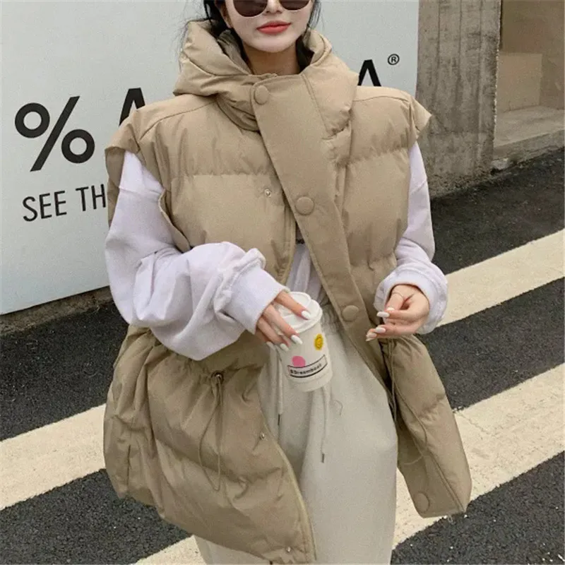 

Autumn Winter Parkas Women Down Cotton Vest New Female Hooded Sleeveless Jacket Fashion Loose Warm Waistcoat Ladies Tops W1153