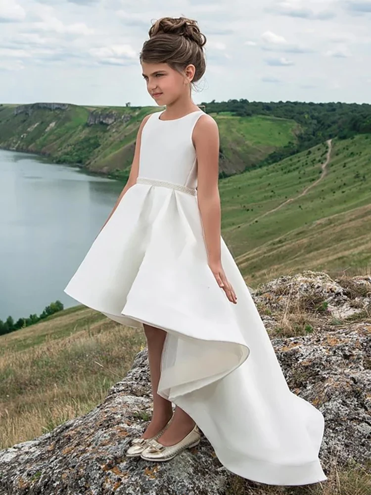 

Ivory color elegant Flower Girl dress bright Assymetrical formal occasion kids pageant ball princess birthday Can bespoke gown