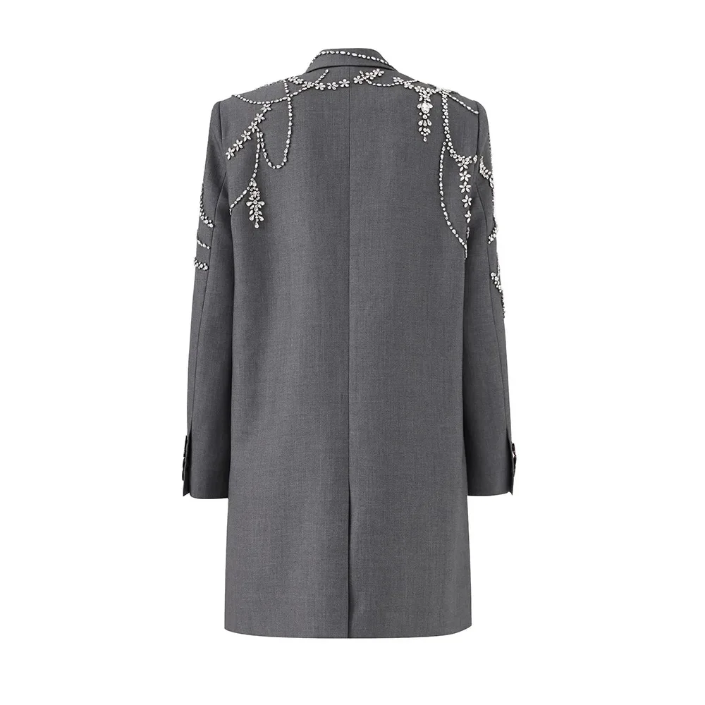 Gray Blazer Handmade Crystal Inlaid Diamond Long Blazer Dress Jacket Double Breasted Button Blazer Suit Outfit Women