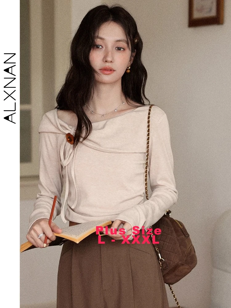 

ALXNAN Plus Size Long-Sleeve T-shirts Irregular Hem Slanted Shoulder Women's Top Autumn Flower Tie Casual Gentle Pullover D12522