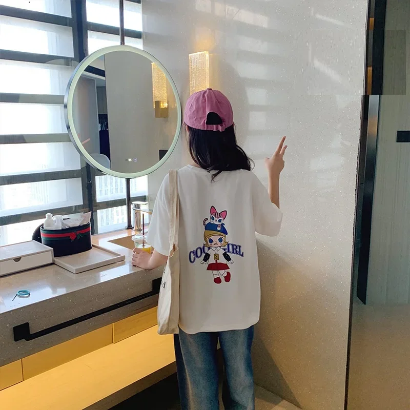 

Летняя школьная детская Свободная белая футболка для душа с мультяшным рисунком, топы, футболка с коротким рукавом для маленьких девочек, детская верхняя одежда с базовым слоем для 1-16 лет