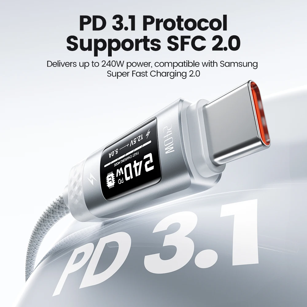 Kabel Toocki PD 240W USB C do USB C 1/2/3 szt. Biały z cyfrowym wyświetlaczem OLED SFC 2.0 Kabel do szybkiego ładowania typu C do iPhone 17 Samsung — zdjęcie produktu 2