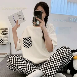 Summer Plus 3XL Pajama Sets Pullover Nightwear PJ Knitted BLACK Plaid Sleepwear Elegant Women's Pajamas Lounge Home Pijama Mujer