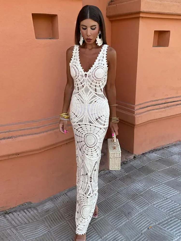 Sexy Knitted  Hollow Out Long Dress Women Fashion V-neck Sleeveless Bodycon Maxi Dresses 2024 Summer Lady Vacation  Vestidos  ﻿