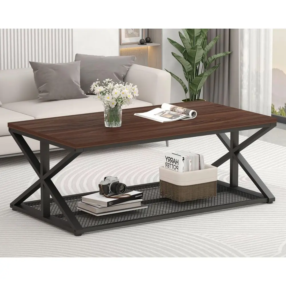 Industrial-Style Walnut 2-Tier Coffee Table with Mesh Shelf, 47 Rectangle, Storage Space for Living Room
