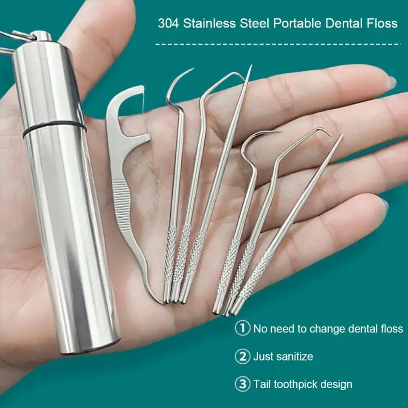 1 Set Stainless Steel Toothpick Metal Portable Toothpick Floss Teeth Cleaner With Storage Tube Oral Cleaning Tooth Flossing Tool